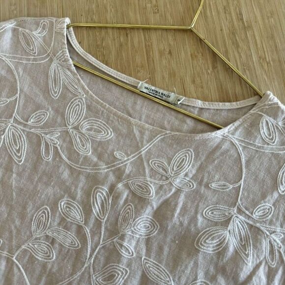 Valentina Naldi Top Small Linen Pink Floral Embroidered Ruffle Short Sleeve - Picture 2 of 9